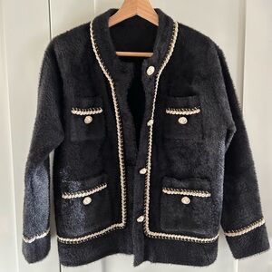 Black Faux-Fur Trimmed Cardigan Sweater